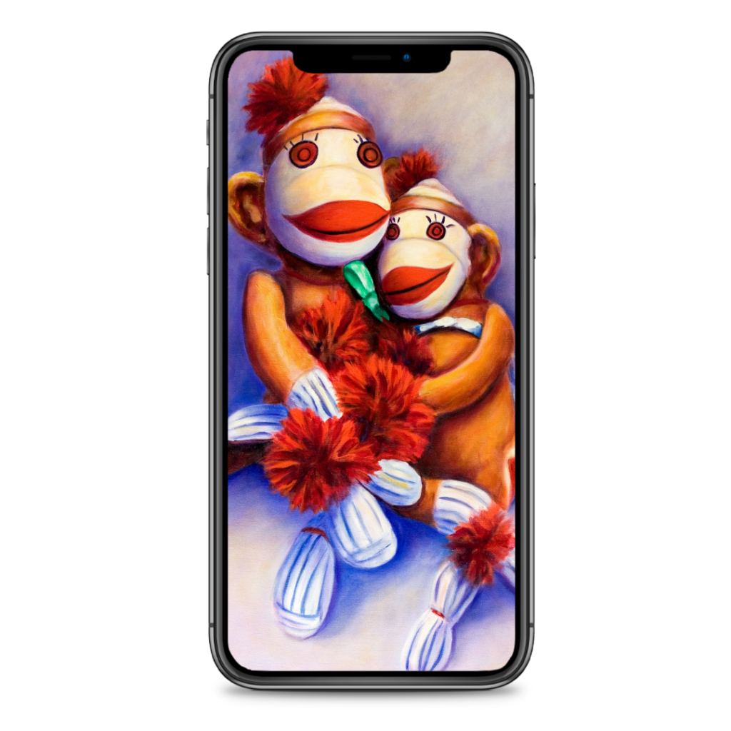 Two seated sock monkeys hugging