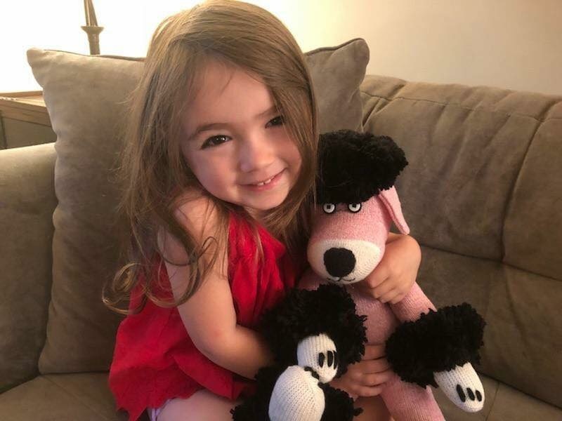 Sock Poodle and little girl in red dress