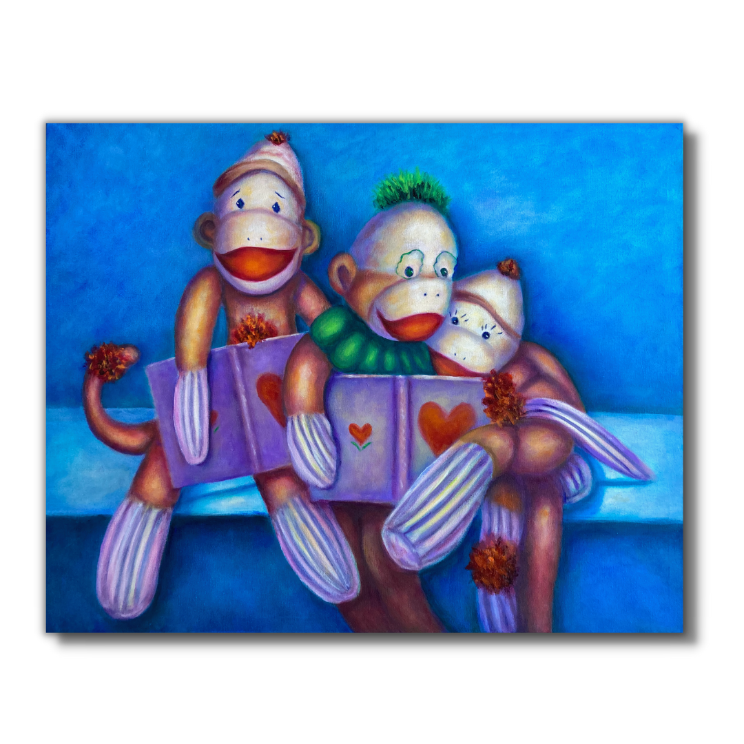 Songs of the Heart colorful oil painting of three vintage sock monkeys reading a songbook. Painting by Shannon Grissom