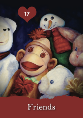 Sock monkey surrounded by stuffed animals