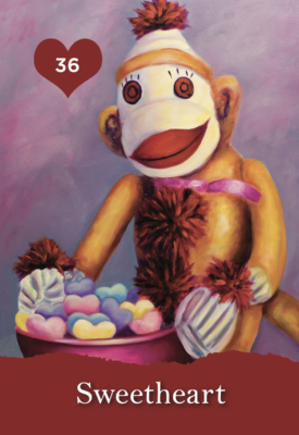 Sock Monkey with bowl of candy hearts